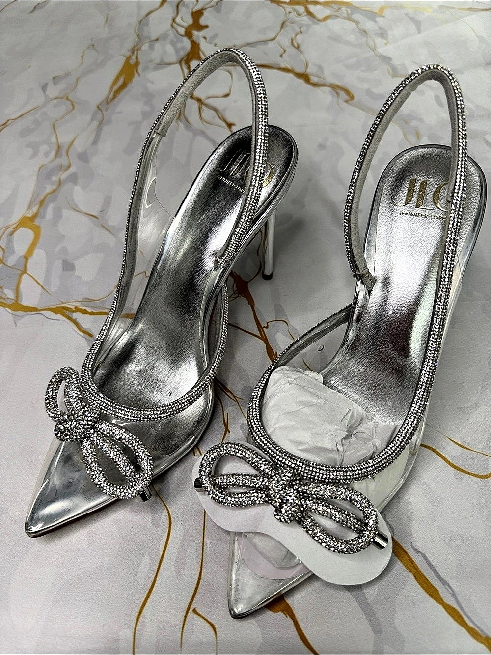 JLO Rhinestone Bow Slingback Heels in Silver US 10M Like New